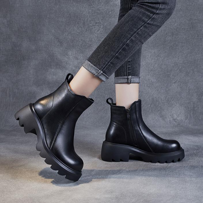 Johnature Thick Soled Genuine Leather Women's Boots British Style Round Toe Thick Heel Short Boots
