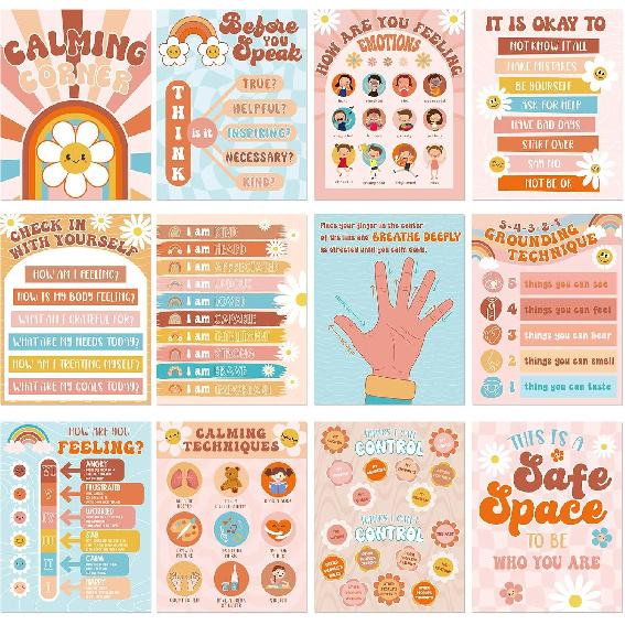 Faccito 12 Pcs Retro Calming Corner Posters for Classroom, Groovy Feelings Chart Mental Health Posters Emotions Mental Health Calm Down Corner