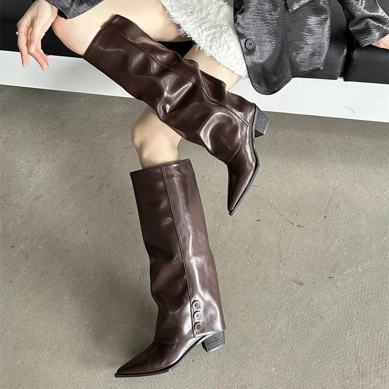 IPPEUM Brown Knee High Cowboy Boots For Women Chunky Heel Shoes 2024 New Women Pipe Boots