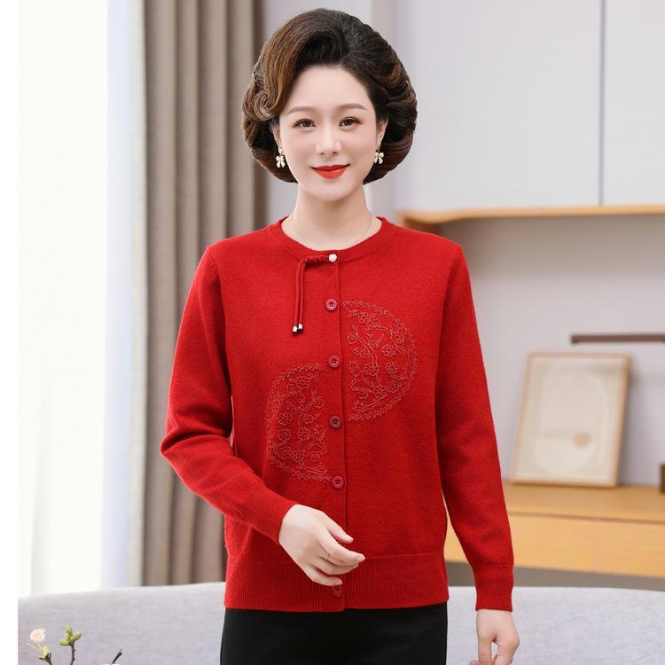 Middle-aged New Year's Eternal New Year's Eternal Burgundy Knitted Base Shirt New Chinese Style Mother Sweater