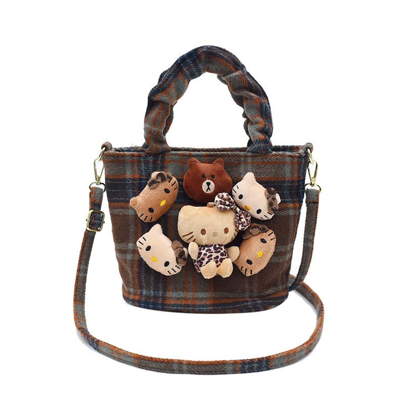 IELGY Fashion Cute Doll Handbag Autumn Winter Woolen Check Bucket Bag Large Capacity Crossbody Bag