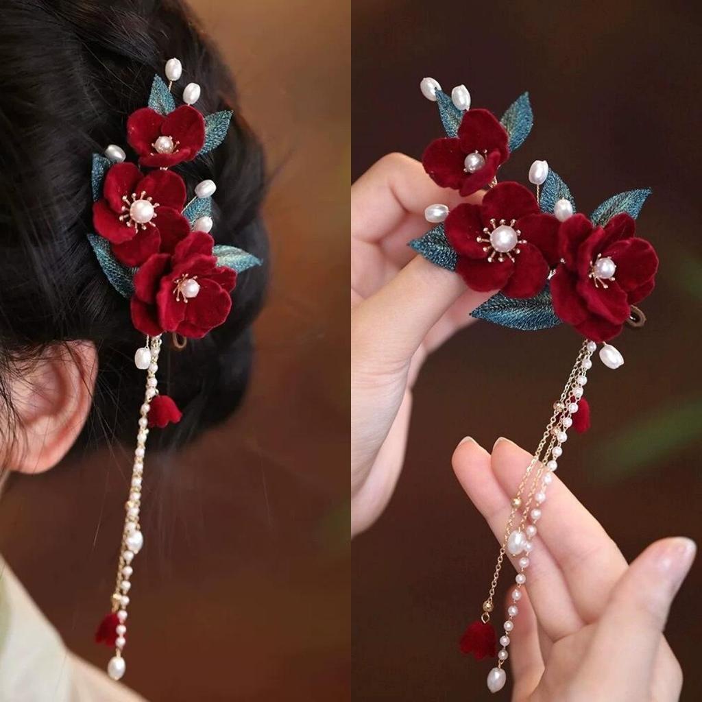 Red Camellia Tassel Hair Clips for Bridal Updo or Evening Gown