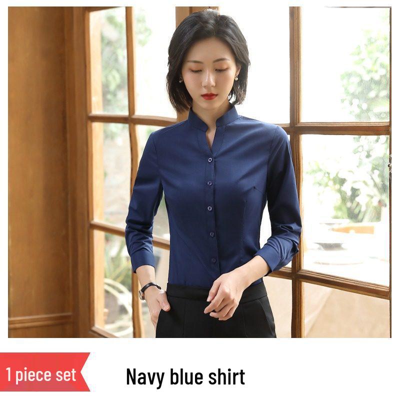 Women's Black Slim-Fit Professional Long-Sleeve Stand-Up Collar Shirt - New 2026 Business Formal Wear