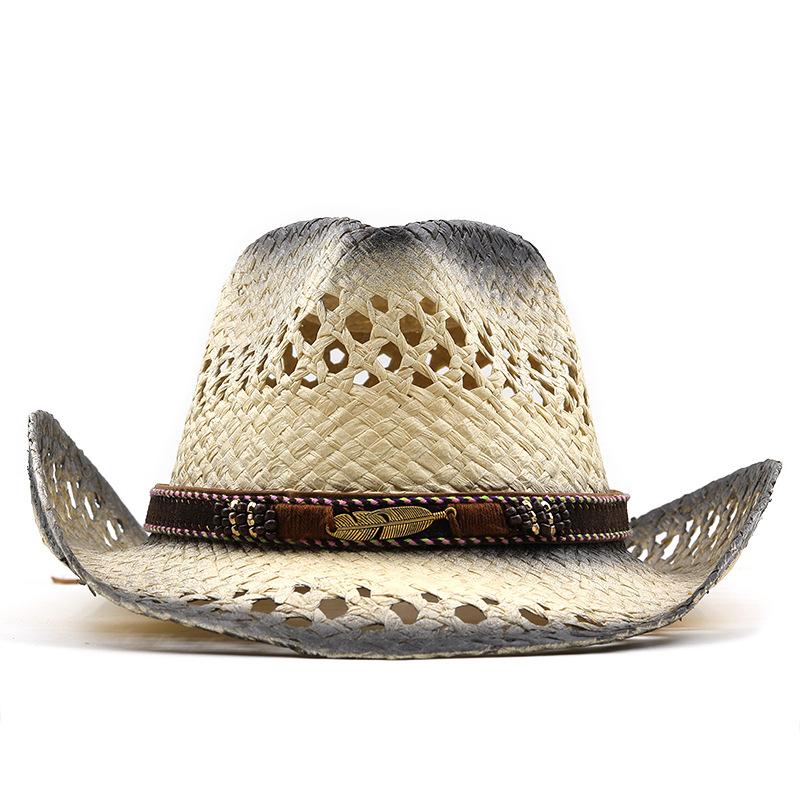 Men's and women's old decorative hand-woven hollow straw hats, European and American lacquered western cowboy hats, outdoor shading straw sun hats