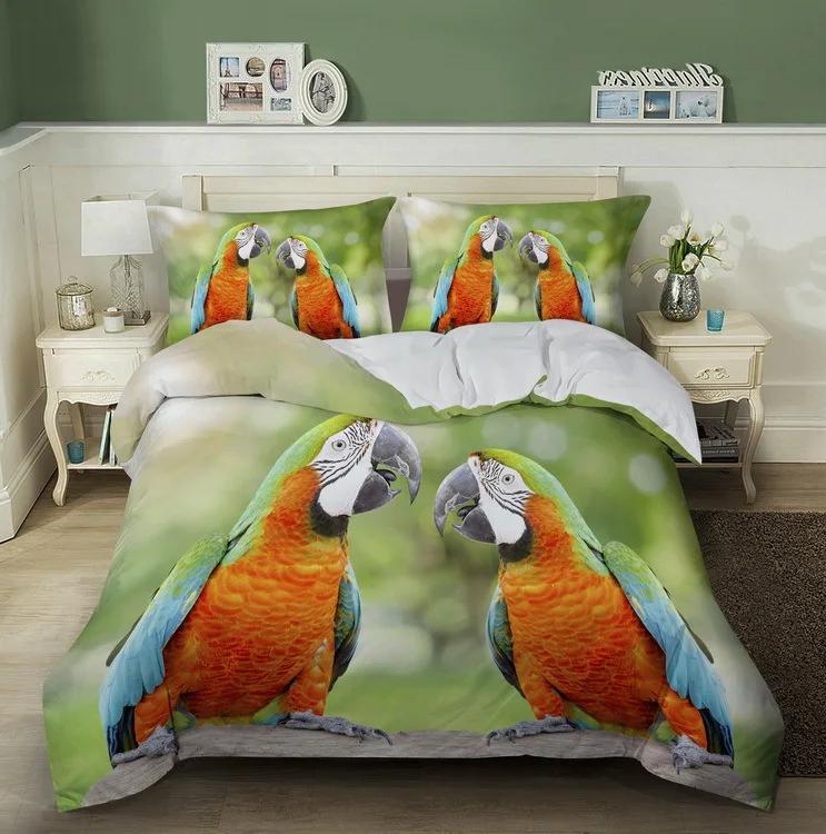 Macaw Bedding Set King/Queen Size Colourful Parrot Duvet Cover Boys Natural Tropical Green Plant Bird Polyester Quilt Cover