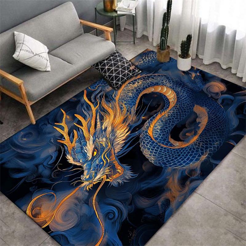 

1 шт. Креативный коврик с принтом китайского дракона, противоскользящий коврик, 3D декоративный коврик с дизайном золотого чешуйчатого синего дракона, прочный, моющийся 50x80cm