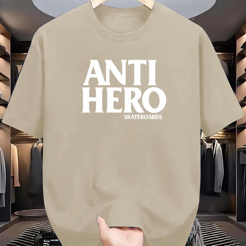 Men's Casual Summer Graphic T-Shirt Short Sleeve Crew Neck, Anti-Hero Skateboards Print Black Polyester Tee for Casual Attire