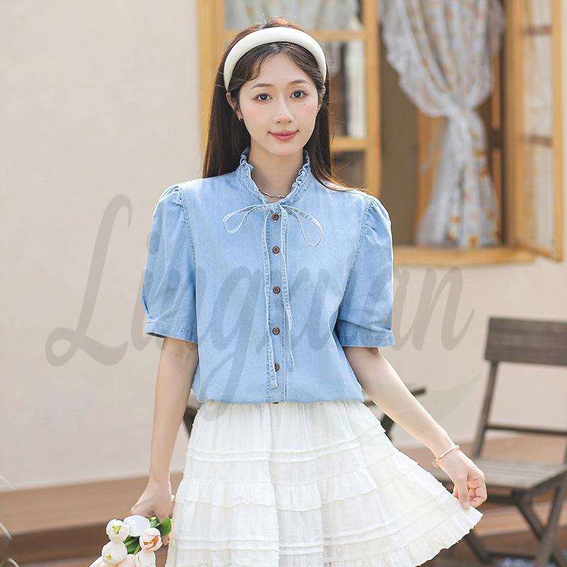 New French Temperament Light Luxury Denim Layered Top for Women Large светло-синий