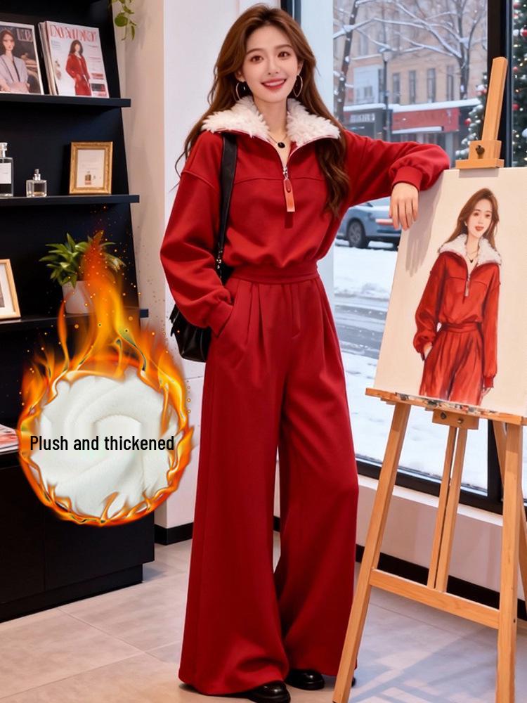 

Women s Winter Red Casual Sports Suit 2025: Velvet Thickened Hoodie & Wide-Leg Pants Two-Piece Set S
