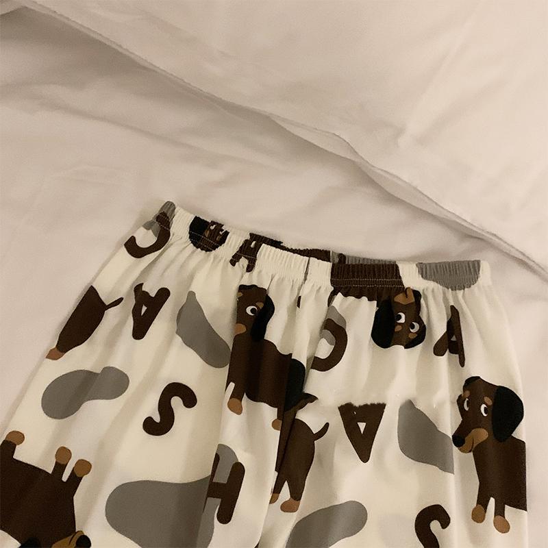 Spring Autumn Long Sleeve Women's Pajamas Set Cute Dachshund Print Cotton Two Pieces Full Length Pants Loose
