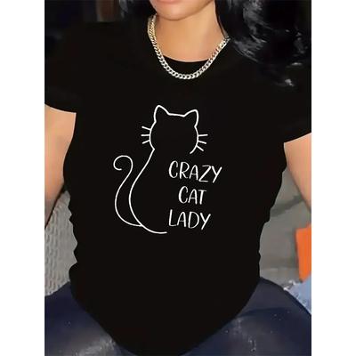Women's Black White Print Crew Neck Short Sleeve Casual Tee for Crazy Cat Lovers