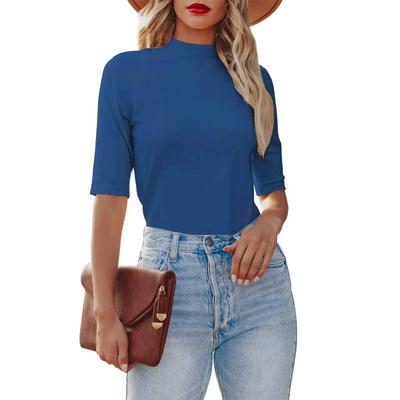 Half High Neck Five Quarter Sleeve Top Knitted Tight Elastic Sexy Formal Casual Women's T-shirts