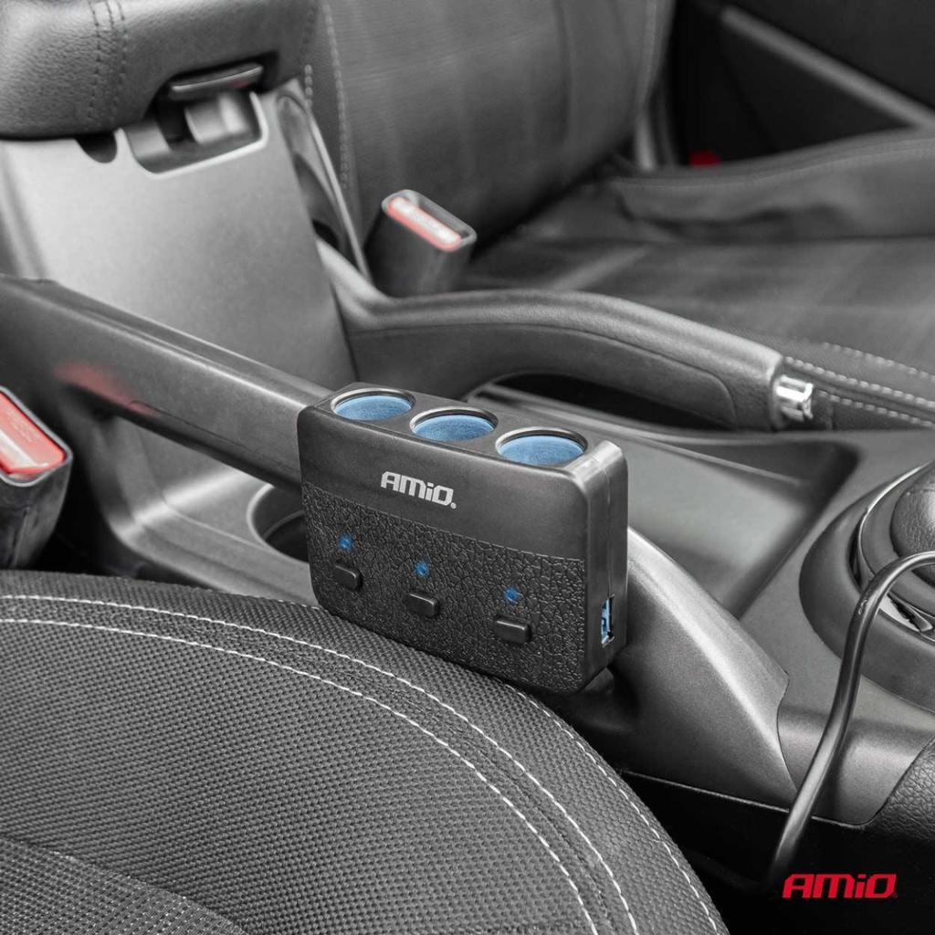 Cigarette lighter socket splitter with charger 2x USB-A ON/OFF LED 12V 24V 100W 70cm AMIO-04363
