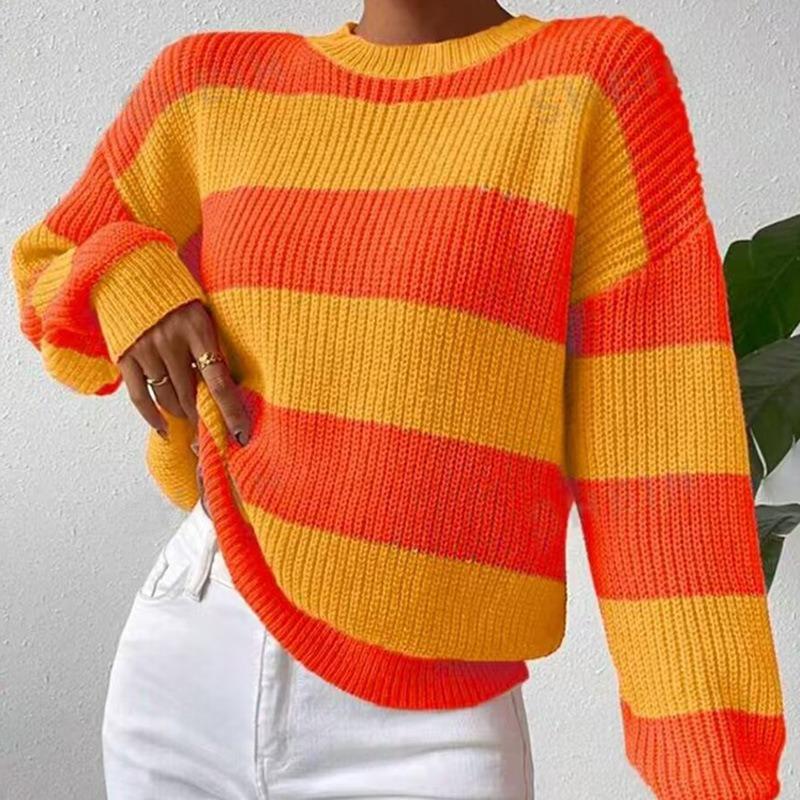 Damen S Lockerer Rundhals Langarm Gestreifter Strickpullover