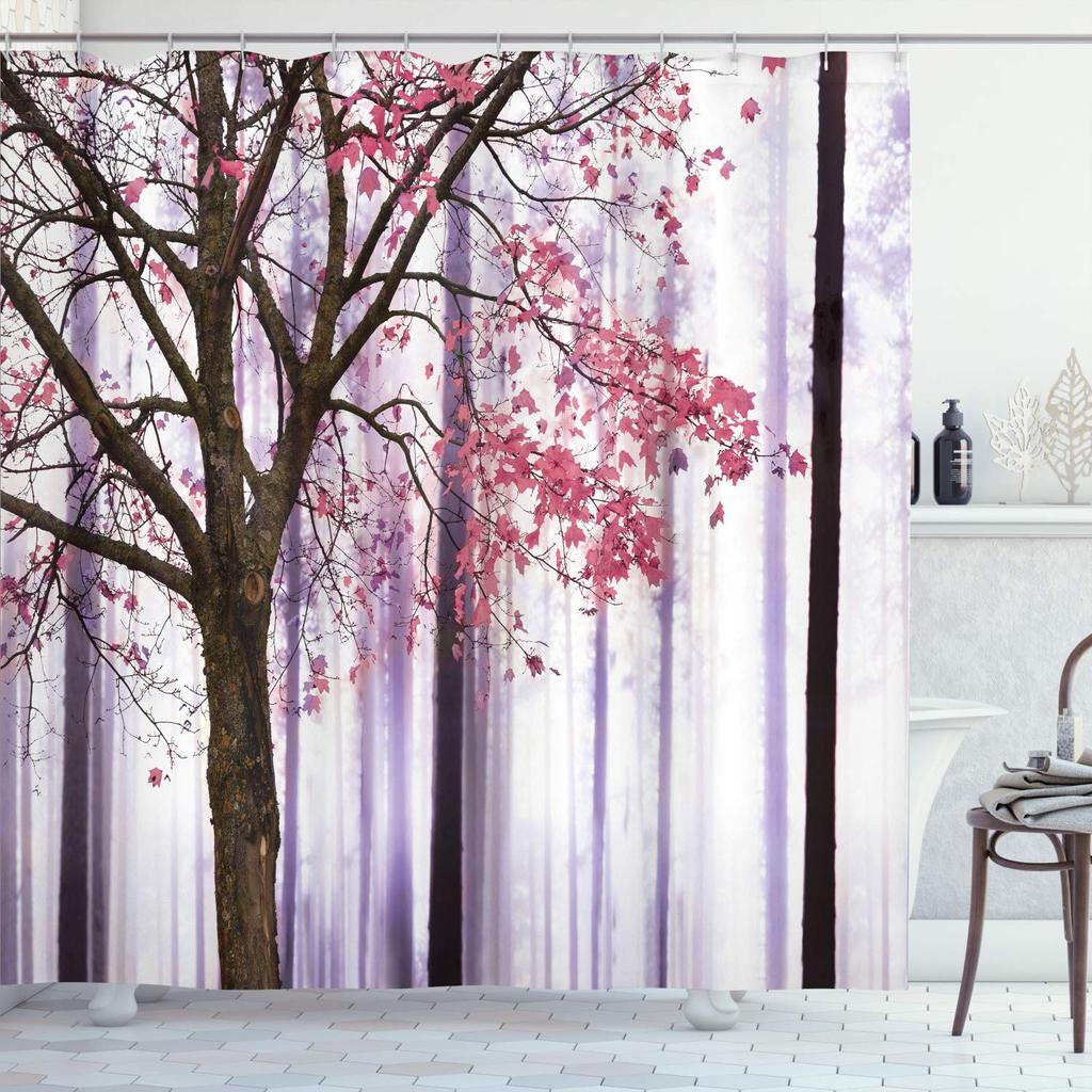 Autumn Shower Curtain,Fall Season Theme Forest Tree Leaves on An Abstract Woodland Background Bathroom Curtains with Hooks