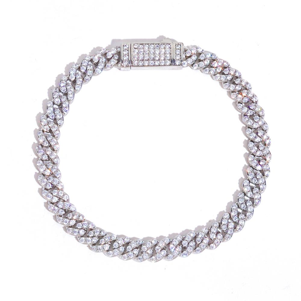 NUOYA Elegant 6mm Gold Plated Cuban Link Chain Full Pave Cubic Zirconia Iced Out Shiny Bracelet Luxury Hip Hop Jewelry Brass+Zircon&Bracelet 7 inch(17.78cm) серебряный