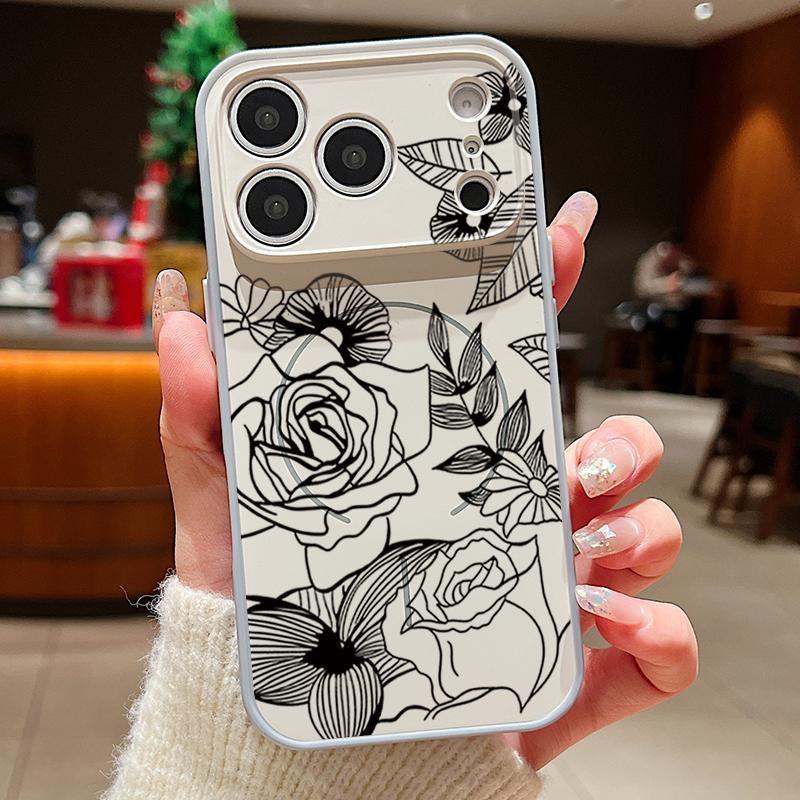 Case For iPhone 17 Pro Max Line Rose Flowers Leaves Pattern Magnetic For Magsafe Hybrid Slim Matte Cover For iPhone 16 15 14 13 Pro Max
