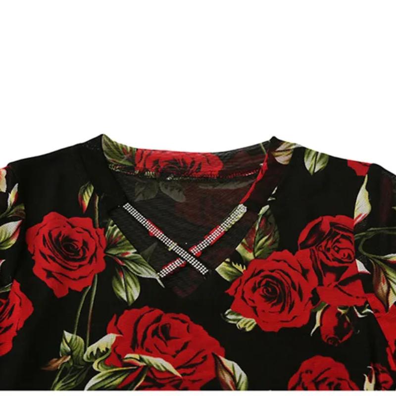 Summer New Fashion Rose Print T-shirt Chic Cross Hollow Out Hot Diamonds Tees Sexy V-neck Short Sleeve Women's Tops Blouse