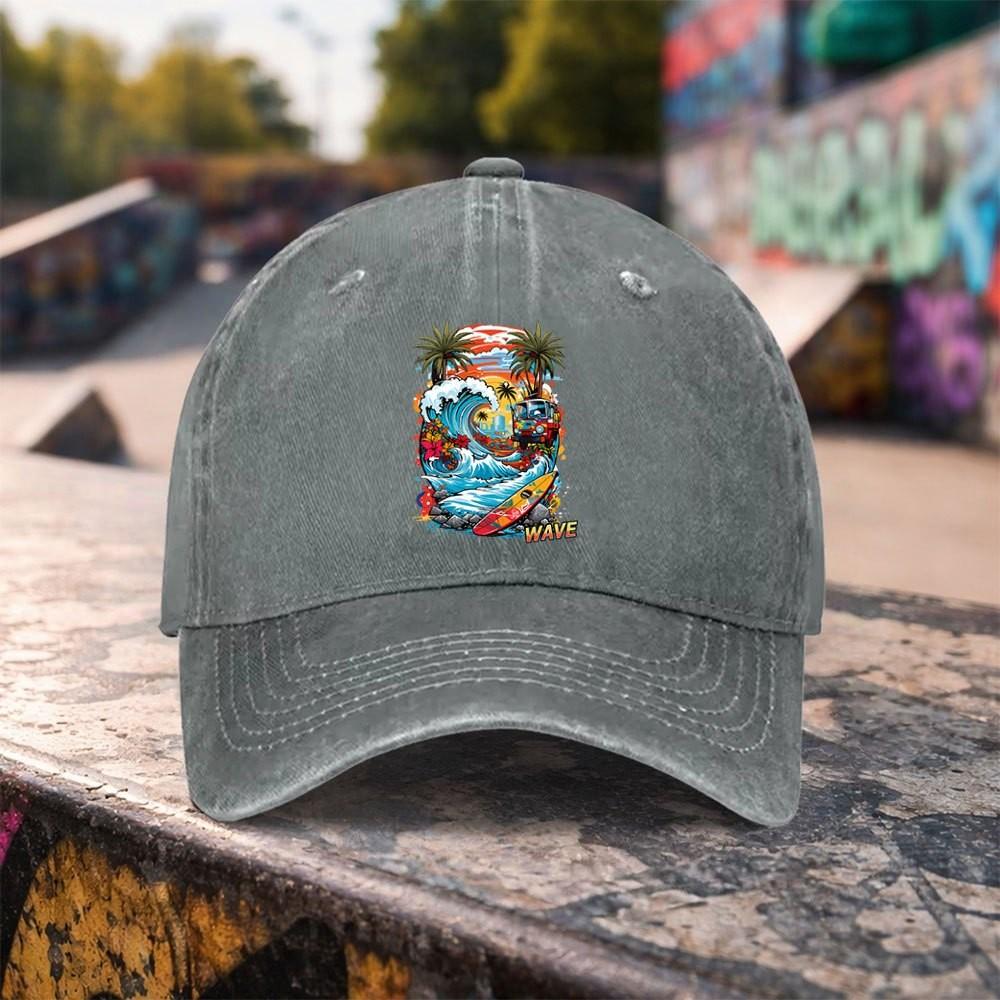 Wave Surfboard Graphic Washed Baseball Cap Cotton Adjustable Outdoor Streetwear Hat