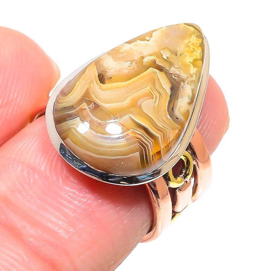 Natural Crazy Lace Agate Two Tone 925 Sterling Silver Jewelry Ring Size 6.5 M7P13