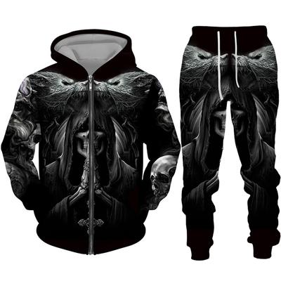 Cool Skull 3D tištěný černý zip s kapucí Kalhoty s kapucí Kostým v gotickém punkovém stylu Muži Ženy Tepláková souprava Halloween Streetwear Kostým 2024