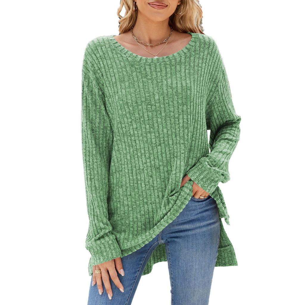 Women's Round Neck Long Sleeve Knit Top Loose Fit Commuter Style Brushed Ribbed Split Hem Casual Pullover Tunic Top