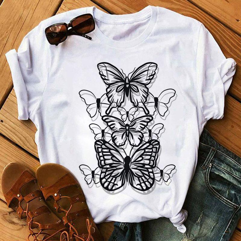 Fashionable Plus Size Color Butterfly Print Simple Base Shirt Loose Fitting Clothes Pure Cotton T-Shirts Women’s