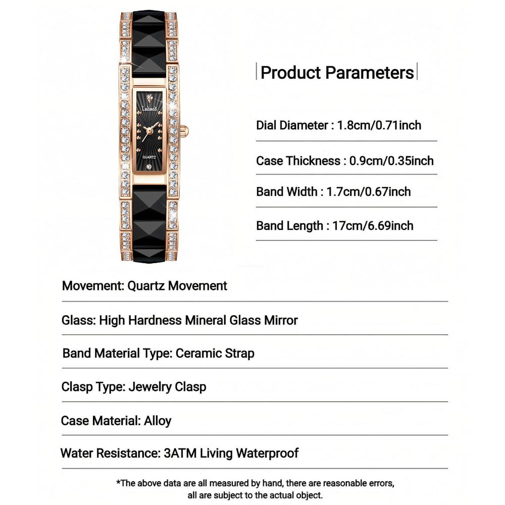 Women's Rectangular Quartz Watch Fashion Crystal Inlay Ceramic & Alloy Band Waterproof Elegant Dress Wristwatch for Ladies
