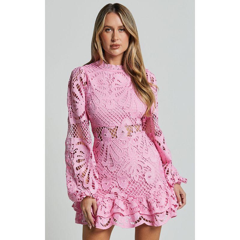 Cross-Border European and American Stand Collar Lantern Long Sleeve Waist Hugging Formal Dress Frill Hollow Water Soluble Lace Jumpsuit Skirt DRESS