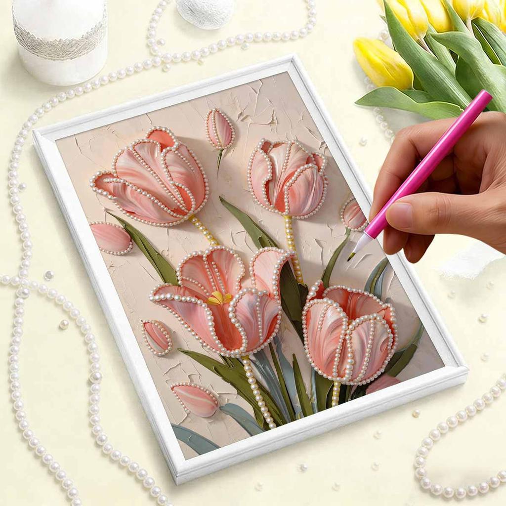5D DIY Frameless Pearl Painting Pink Flowers Pattern Painting Kit, Suitable for Home Living Room Bedroom and Other Wall Decoration Art Paintings