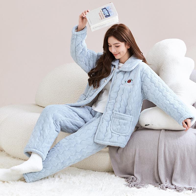 Damen Winter-Schlafanzug, dreilagig gesteppt mit Baumwolle und Fleece für Wärme, große Größen können auch draußen getragen werden, niedliche Korallfleece-Loungewear