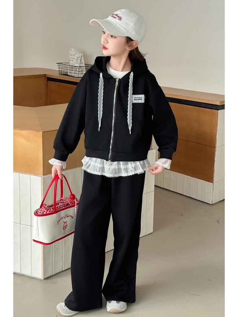 2025 New Style Girls' Hooded Sweatshirt & Wide-Leg Pants Two-Piece Set for Spring and Autumn