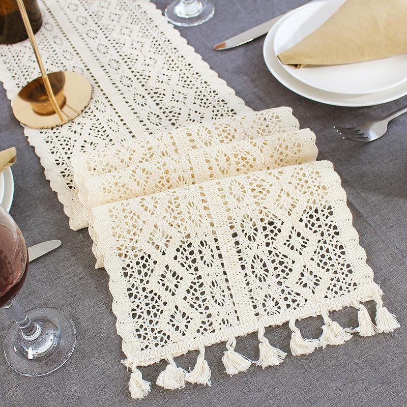 Nordic Crochet Lace Table Runner With Tassel Hollow Tablecloth Romance Wedding Party Table Protector Cover Table Cloth