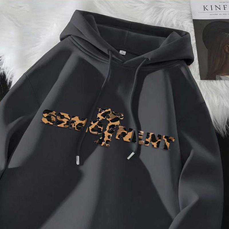 Felpa Oversize con Cappuccio Stampa Leopardo Grafica con Lettere Dettagli Usurati Calda per l'Inverno Fodera in Pile Unisex Streetwear