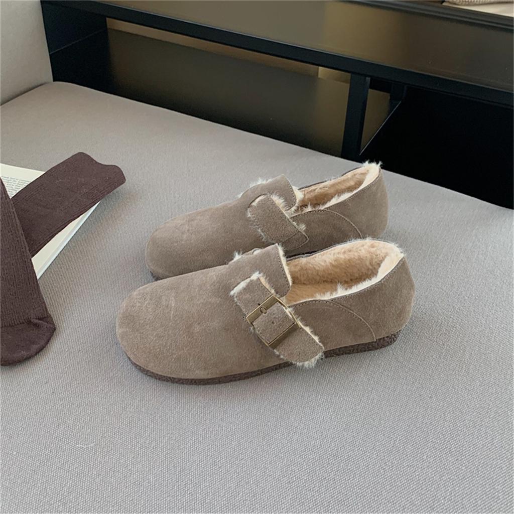 Grape mother winter velvet warm thick-soled big-headed shoes integrated leather single shoes one pedal fluffy shoes women's Boken shoes