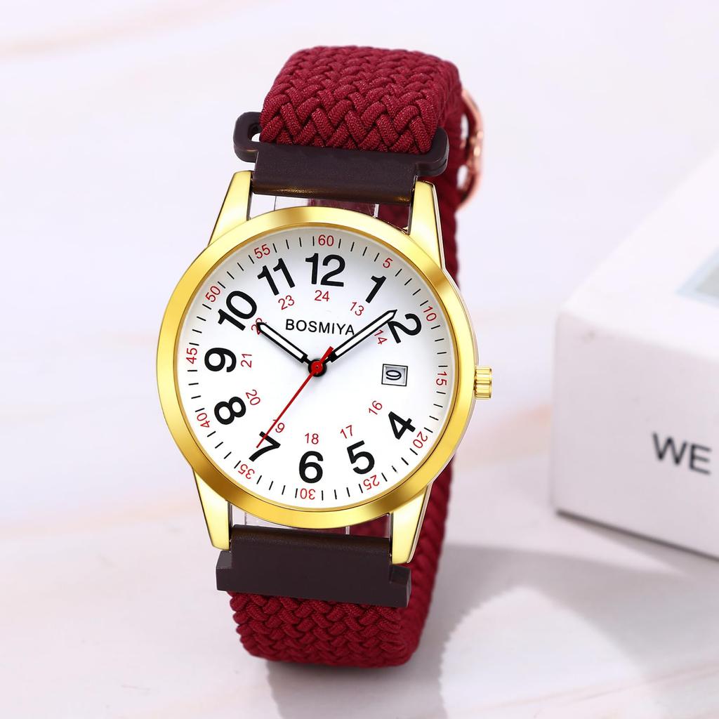 Woven Strap Watch with Date Window and Woven Colorful Quartz Watch with Dial and Adjustable Popular and Cute for Women Perfect for and Men's Calendar