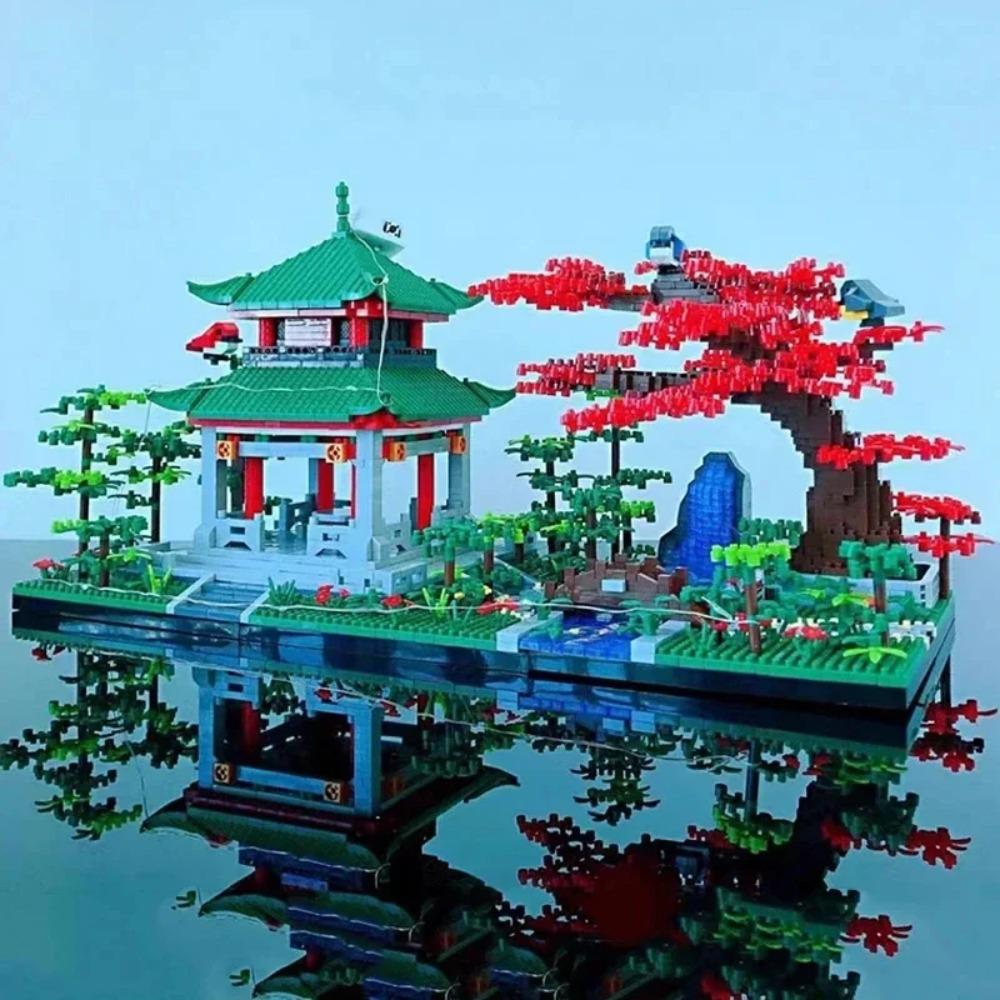 Chinese Architecture Building Blocks Diy Love Evening Pavilion Tree Garden Bridge River Model Bricks Diy Toys For Kids Gifts