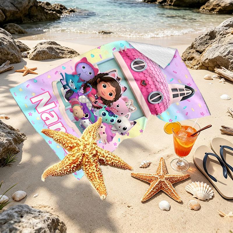 Custom Name Personalized Gabby's Dollhouse Print Beach Towel, for Trip Camping Beach Party Home Decor, Birthday Gift for Family & Friends