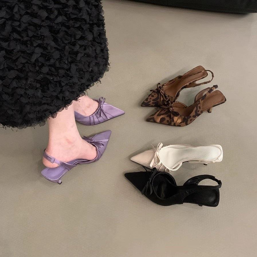 Niche high heels leopard print bag head sandals fairy shoes 2025 new spring and summer pointed bow single shoes