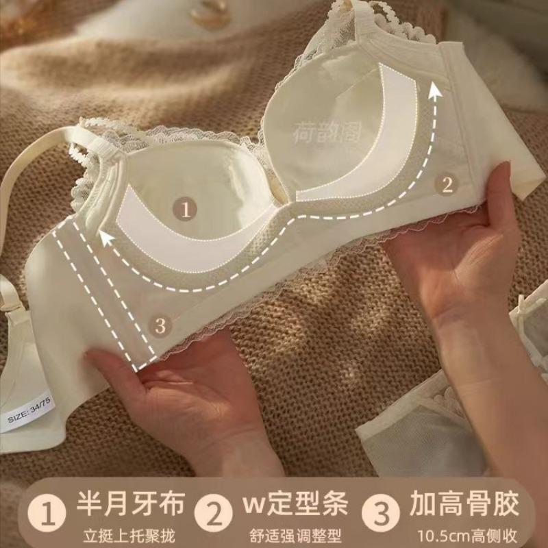 Women Elegant Cream Lace Wireless Bra with Scalloped Trim