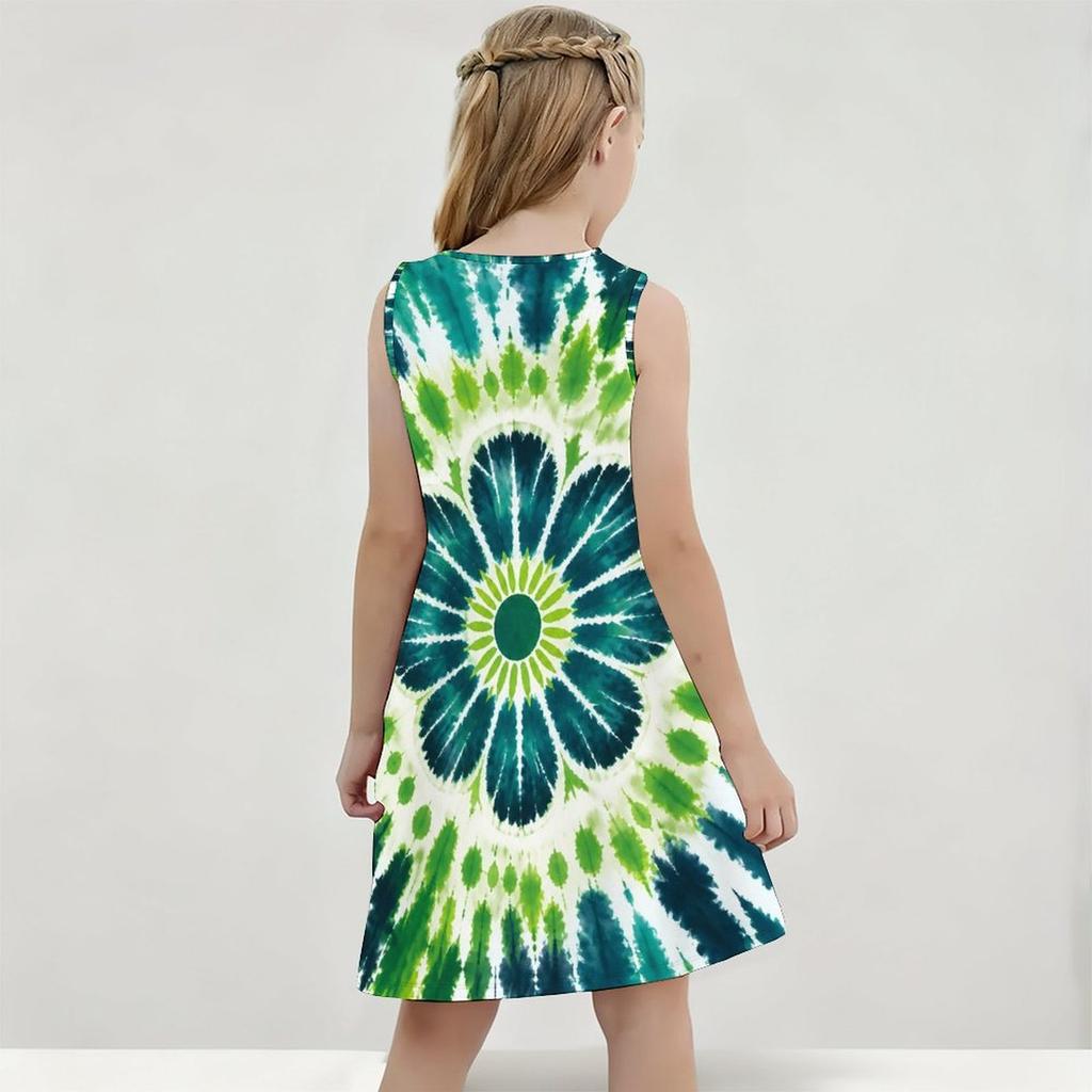 Girls Sleeveless Round Neck Shamrock Clover Printed Dark Green A Line Flared Hem Dress