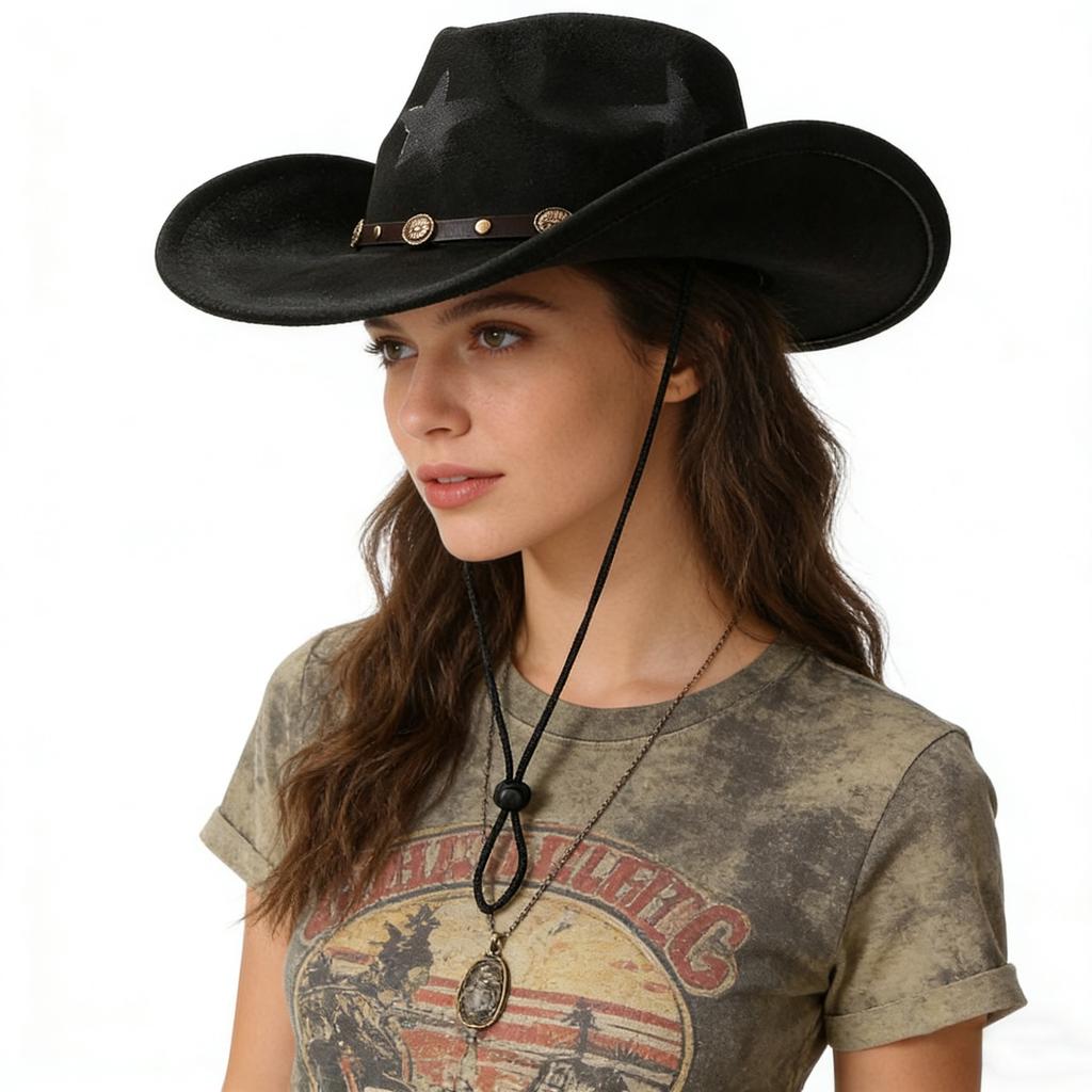 Western Cowboy Hat for Men and Women, Vintage Distressed Five-pointed Star, Faux Suede, Metal Buckle, Wide Brim, Outdoor Riding, Sun Protection