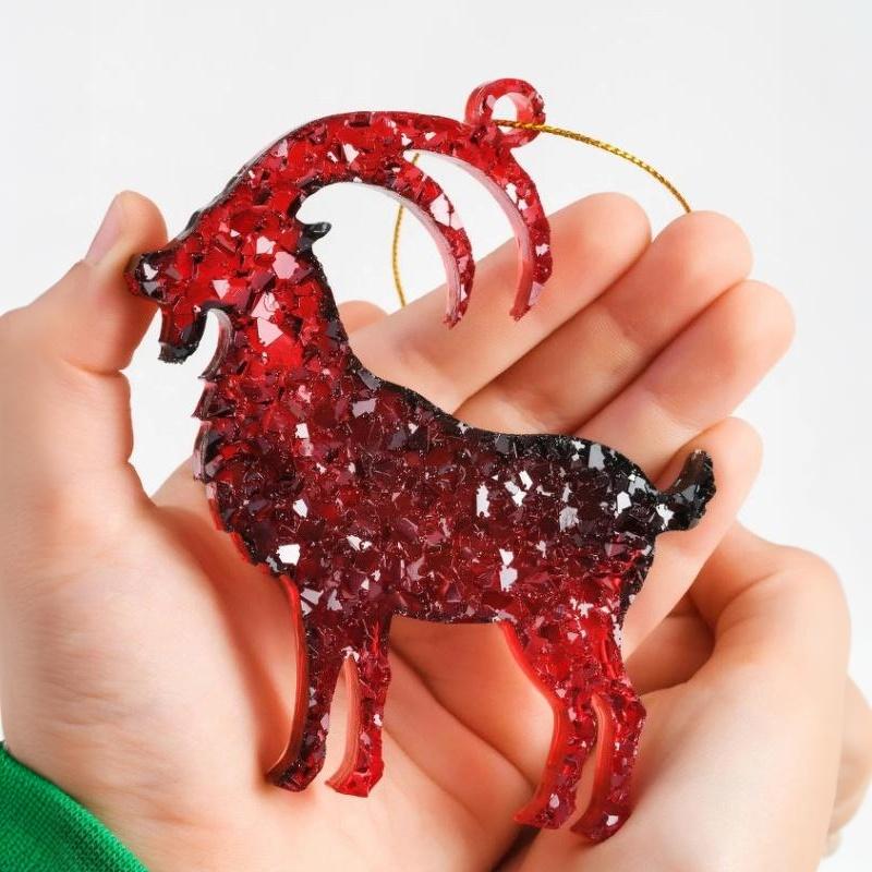 2D Acrylic Glitter Goat Pendant Creative Animal Christmas Ornament for Xmas Tree New Year Party Decoration