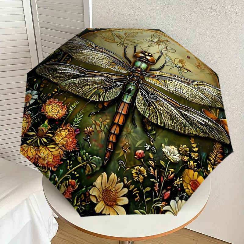 1PC Dragonfly FlowersAutomatic Open/Close Umbrella with Windproof, 8-Rib Sturdy Canopy, Durable Ribs, Fashionable Design, Outdoor Accessory, Fun Prin,