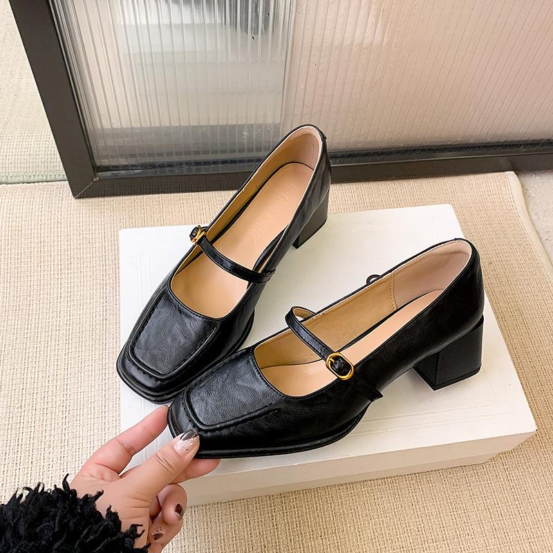 Sheepskin version Spring and Autumn square head Mary Jane shoes women's ol commuting light mouth thick high heels