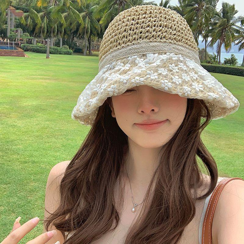 Mori seaside travel lace daisy floral straw hat summer women's gentle mesh breathable sunscreen big brim sun hat