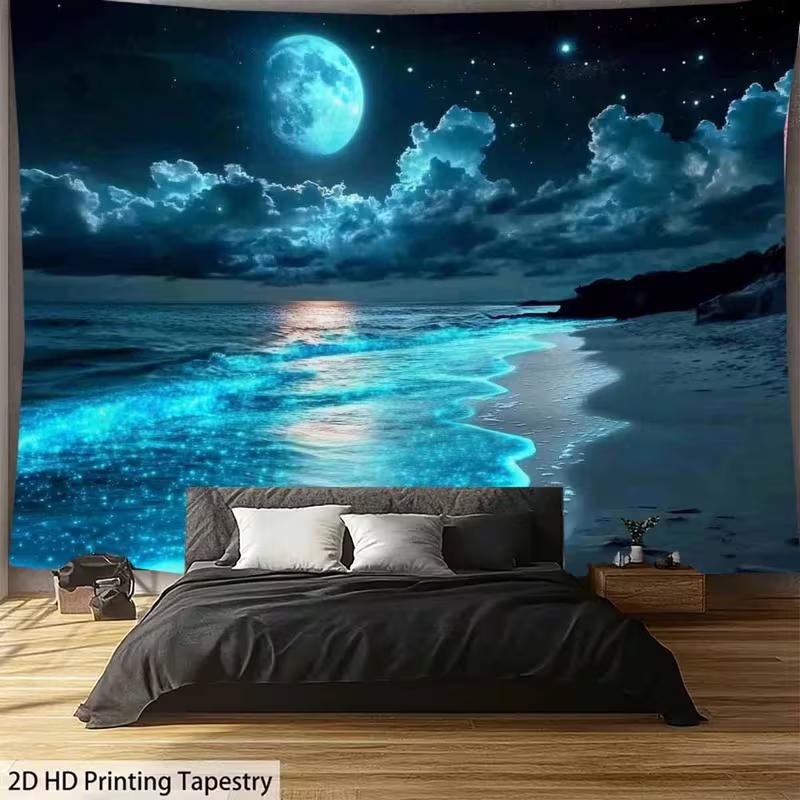 2D Magical Moonlit Beach Tapestry, Blue Glow Ocean Scenery Background