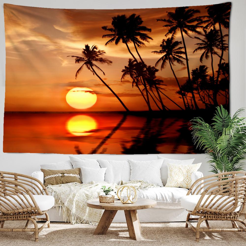 

Гобелен с закатом и кокосовым лесом, настенный гобелен с тропическим пейзажем, искусство хиппи, богемный домашний декор для спальни 95x70CM
