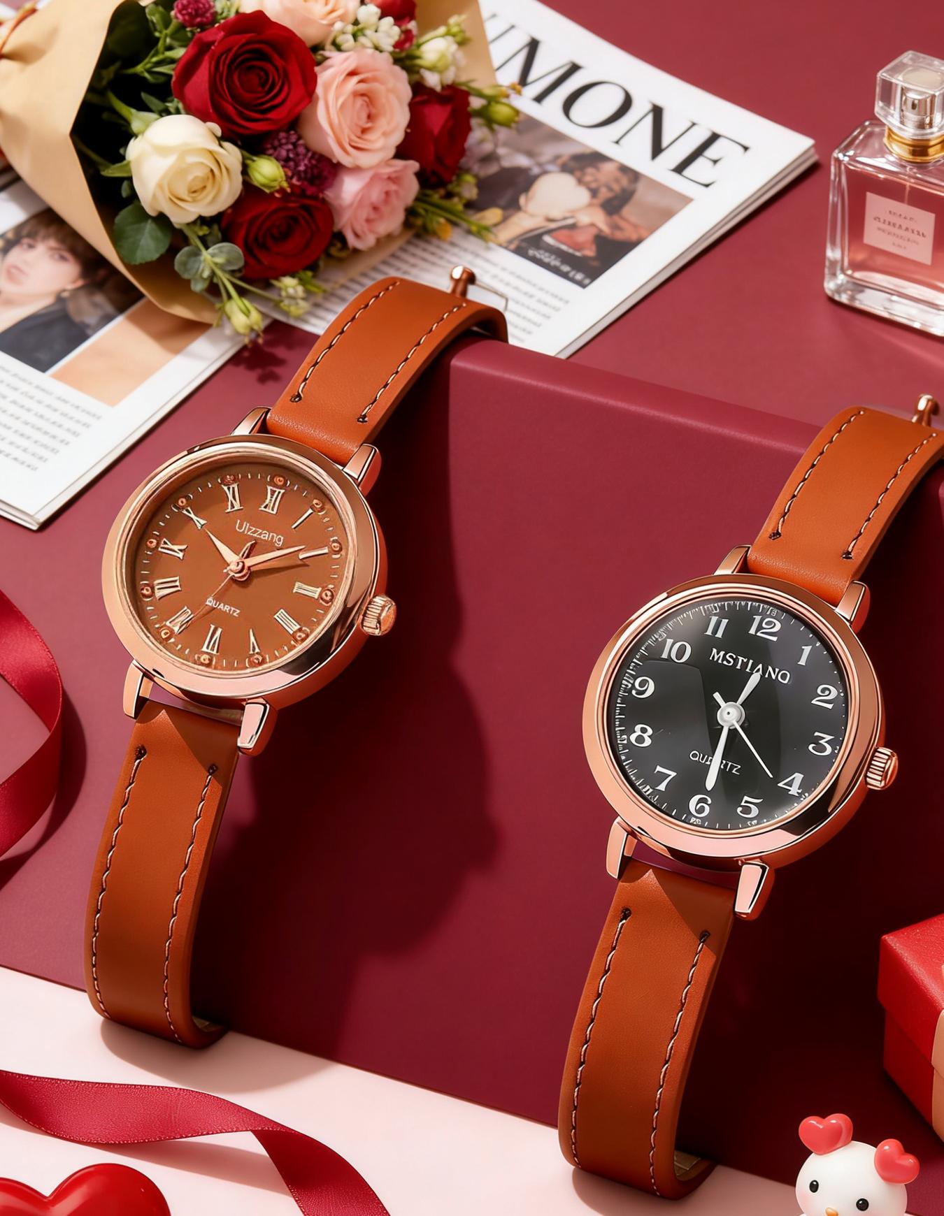 Women s Quartz Watch Set of Two, Rose Gold Case, Brown Leather Strap, Dual-Style Dials, Fashionable Ladies Watches коричневый