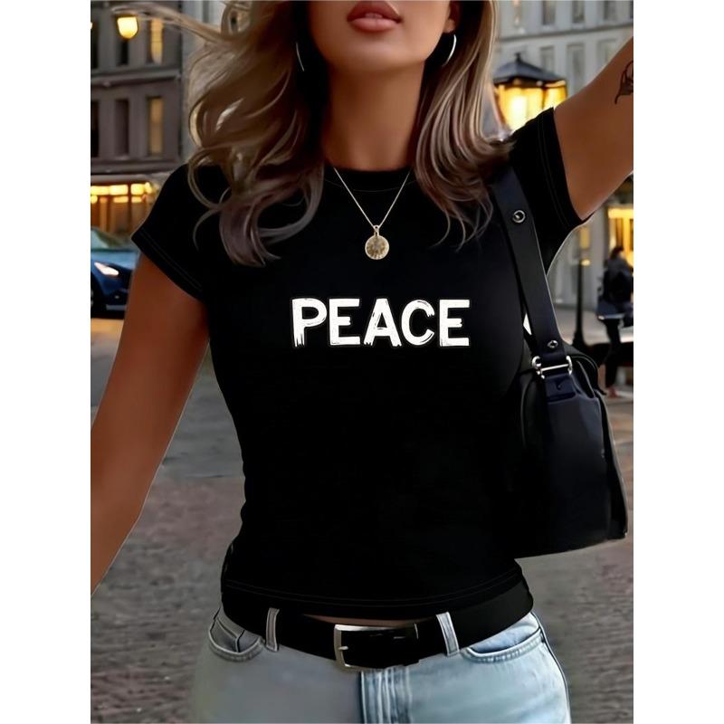 PEACE" Letter Graphic 2D Print T-Shirt, Slim Fit Short Sleeve Tee, Seasonal Fashion, Vintage Style, Comfortable Cut